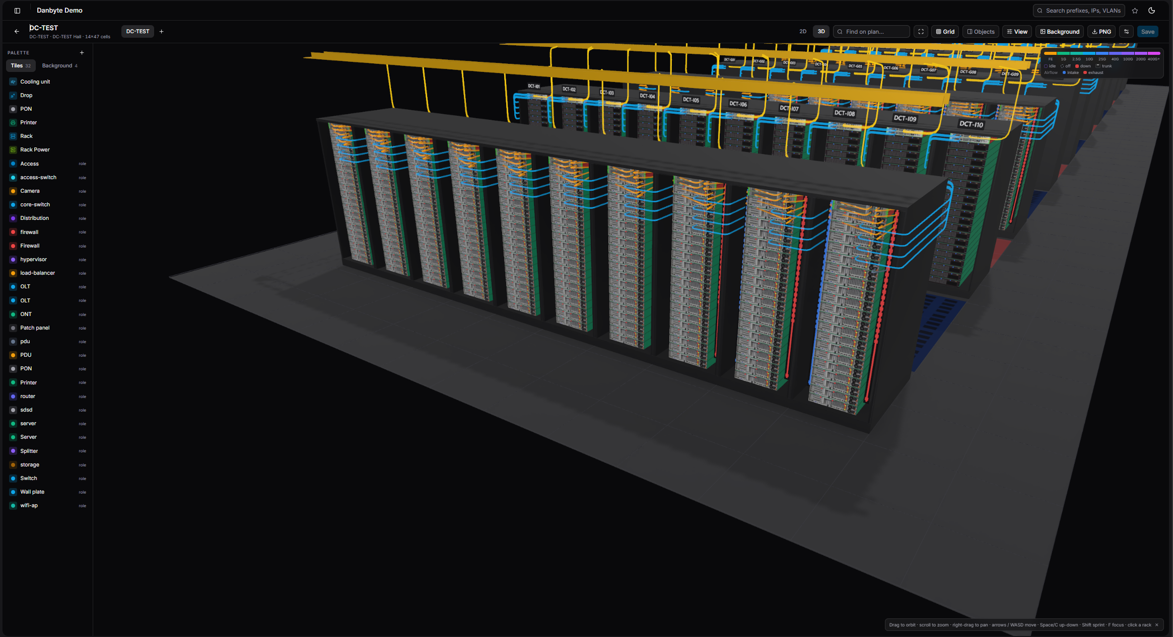 Your racks in 3D — the whole hall, rows and live cabling.