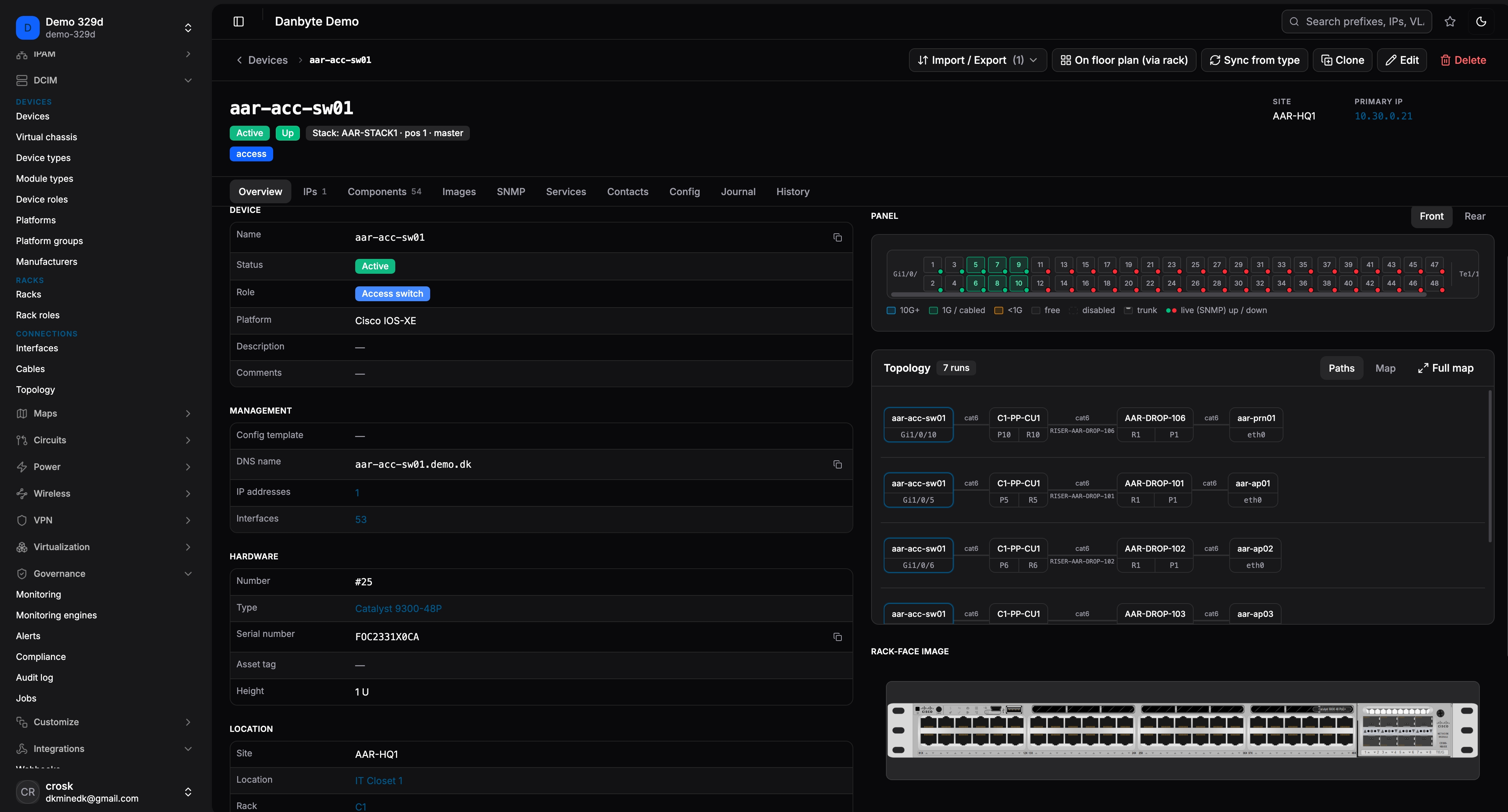 SNMP reads reality into a read-only observed layer — live port status, topology and drift on one device page.