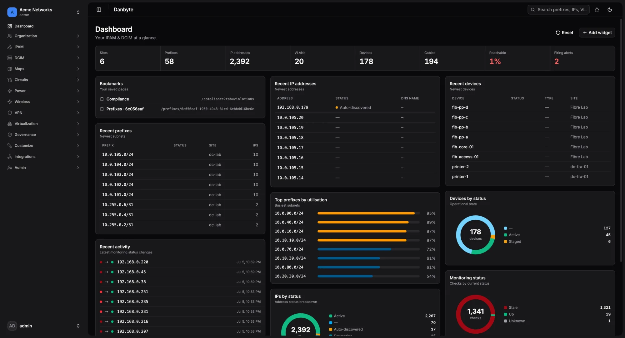 The Danbyte dashboard — live IPAM, DCIM and monitoring.